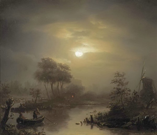 A moonlit river landscape, with a town in the distance by Petrus van Schendel